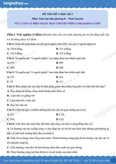 Đề thi giữa kì 2 GDĐP 8 Thái Nguyên - Đề 1